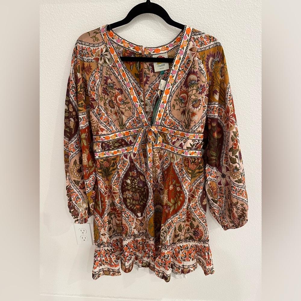 NWT Farm Rio Romantic Nature Multicolor V-Neck Puff-Sleeve Mini Dress